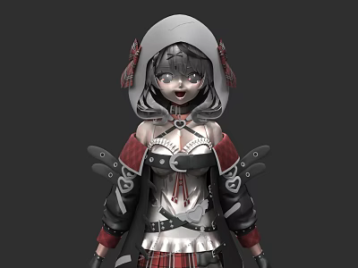 White Hooded Game And Movie Character With Red Black Outfit Plaid Skirt 3d model