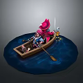 Man Rowing Wooden Boat On Blue Water With Pink Hat Character And Sword Potion