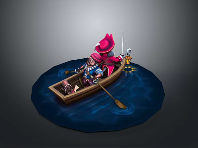 Man Rowing Wooden Boat On Blue Water With Pink Hat Character And Sword Potion 3d model