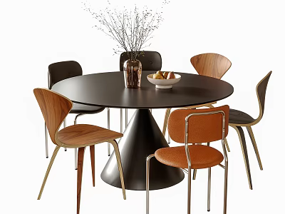 Black Round Table with Wooden and Orange Chairs Metal Legs Vase Dried Flowers Fruit Bowl 3d model