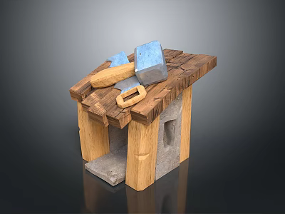 Wooden Stone Tool Stand With Hammer Axe And Chisel For Household Use 3d model