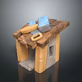 Wooden Stone Tool Stand With Hammer Axe And Chisel For Household Use