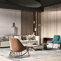 Modern Open Living And Dining Area With Sofa Dining Table Chairs And Decorative Lighting 3d model