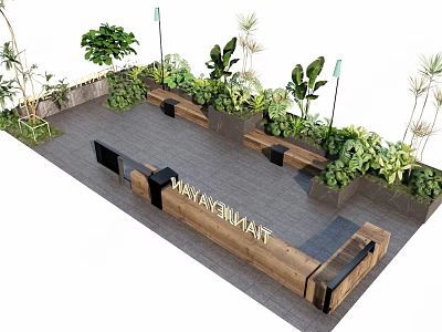 Modern Landscape Seats With Lush Green Plants Stone Pavement And Wooden Frames 3d model