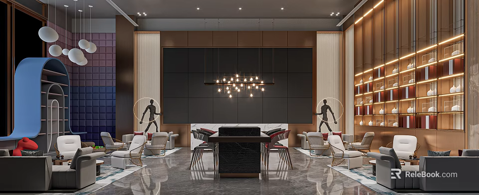 Modern Elegant Lounge Area With Comfortable Sofas Coffee Table Pendant Lights And Art Figures 3d model 