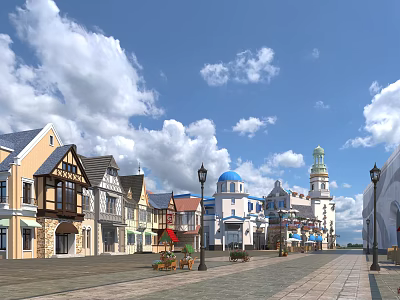 Scenic Commercial Street With Various Architectural Styles Street Lamps Plaza Flower Beds And Blue Sky 3d model
