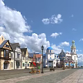 Scenic Commercial Street With Various Architectural Styles Street Lamps Plaza Flower Beds And Blue Sky