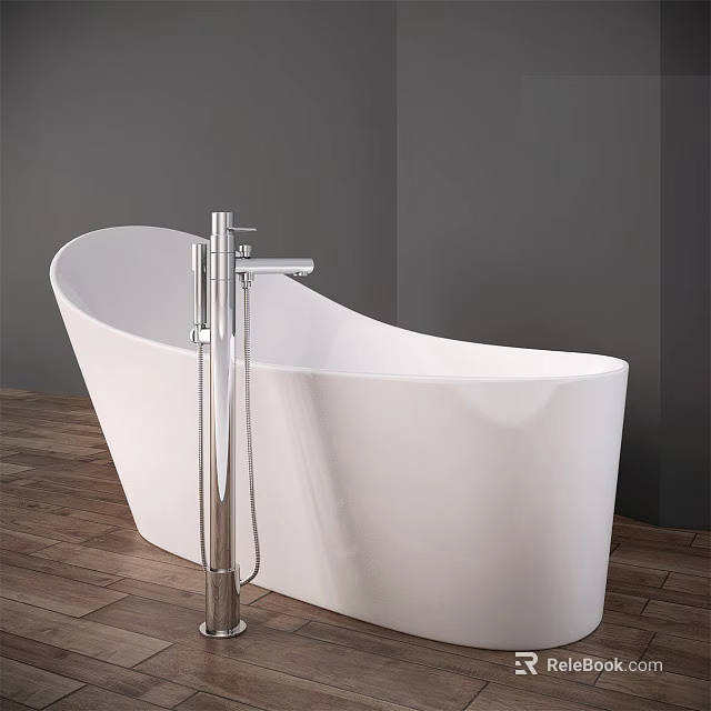 Modern White Curved Bathtub Interior With Silver Faucet Gray Wall And Wooden Floor 3d model 