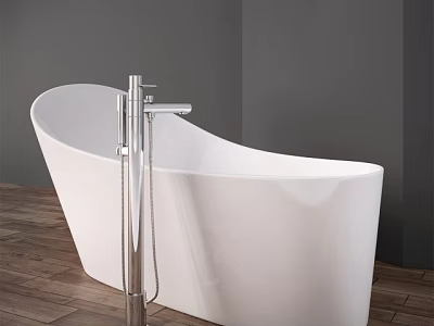 Modern White Curved Bathtub Interior With Silver Faucet Gray Wall And Wooden Floor 3d model