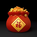 Three Red Fortune Bags Filled With Gold Coins Featuring Chinese Fu Characters And Scattered Coins