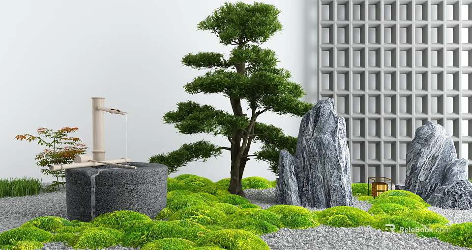 Garden Ornament With Pine Tree Rockery Stone Fountain Green Moss Lawn And Grid Wall 3d model 