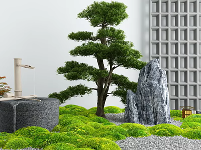 Garden Ornament With Pine Tree Rockery Stone Fountain Green Moss Lawn And Grid Wall 3d model