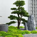 Garden Ornament With Pine Tree Rockery Stone Fountain Green Moss Lawn And Grid Wall