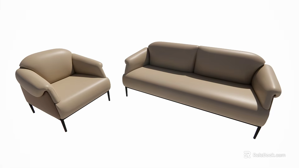 Modern Light Brown Leather Multi Seat Sofa With Black Thin Legs And Matching Armchair 3d model 