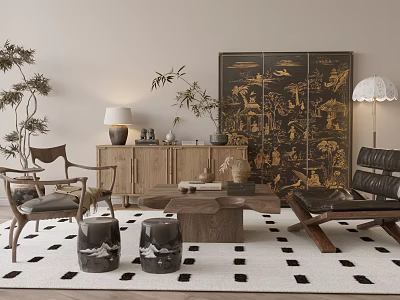 Modern Sofa Coffee Table Combination With Leather Sofa Wooden Table Decorative Screen Black White Rug 3d model