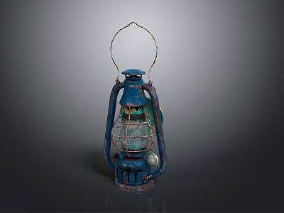 Vintage Blue Kerosene Lantern With Metal Frame And Glass Shade 3d model