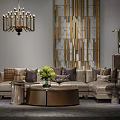 Luxury Modern Sofa With Pillows And Round Coffee Table With Chandelier Floor Lamp Decorative Grille