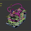 Complex Industrial Mechanical Structure With Metal Wheels Pipes And Frame Components