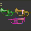Shiny Silver Copper and Gold Trumpets Displayed on Dark Background with Reflections