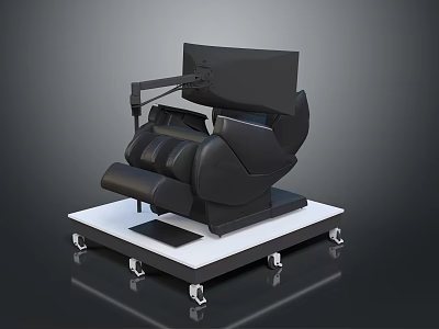 Modern Black Massage Chair with Adjustable Monitor and Wheeled White Base 3d model