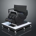 Modern Black Massage Chair with Adjustable Monitor and Wheeled White Base