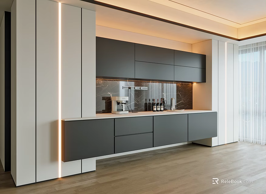 Modern Grey Sideboard Design In Kitchen With Cabinets Drawers And Marble Backsplash 3d model 