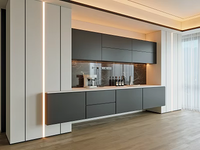 Modern Grey Sideboard Design In Kitchen With Cabinets Drawers And Marble Backsplash 3d model
