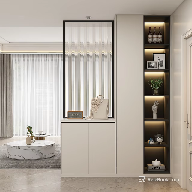 Modern Entryway Hallway Design With White Cabinets Glass Partition And Decorative Items 3d model 