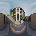 Modern Single Family Home Exterior With Beige Walls Large Windows Blue Roof And Green Shrubs