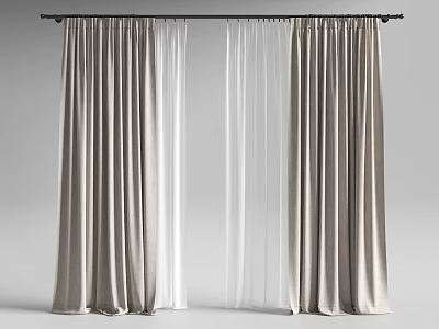 Elegant Double Layer Curtains With Beige Thick Panels And White Sheer Liners On Black Rod 3d model