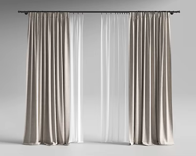 Elegant Double Layer Curtains With Beige Thick Panels And White Sheer Liners On Black Rod 3d model