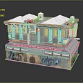 Cartoon Cyberpunk Building Scene With Neon Signs Multi Story Gray Exterior And Graffiti Decorations
