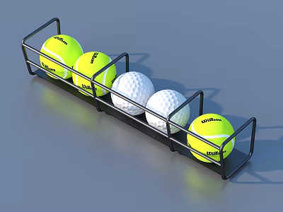 Sports Equipment Metal Rack Holding Yellow Wilson Tennis Balls And White Golf Balls 3d model