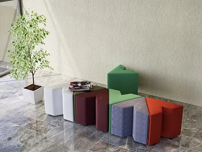 Colorful Geometric Shaped Stools with Modern Design on Marble Floor and Green Plant 3d model