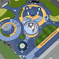 Colorful Kids Playground Design With Blue Yellow Flooring Circular Play Zones And Trees