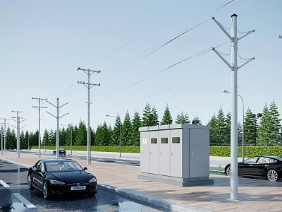 Urban Road Facilities With Utility Poles Street Lamps Distribution Cabinet And Trees Along Paved Road 3d model