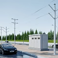 Urban Road Facilities With Utility Poles Street Lamps Distribution Cabinet And Trees Along Paved Road