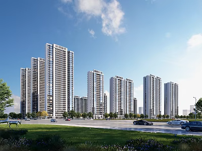 High Rise Residential Buildings in Urban Landscape With Blue Sky White Clouds Road Grassland Vehicles 3d model