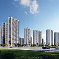 High Rise Residential Buildings in Urban Landscape With Blue Sky White Clouds Road Grassland Vehicles