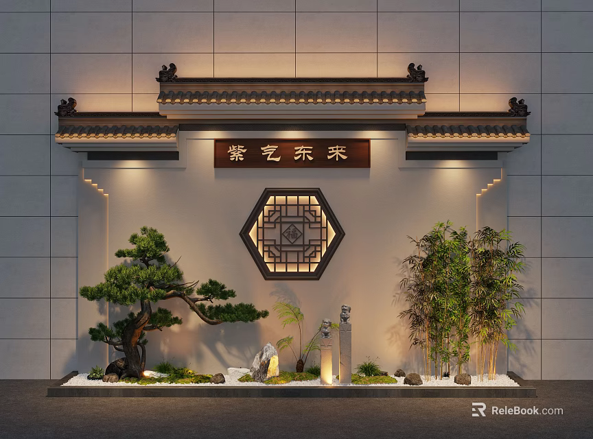Chinese Traditional Entrance Landscape With Hexagonal Lattice Window Pine Tree Bamboo Plants And Stone Lantern 3d model 