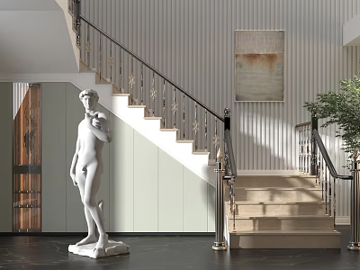 Elegant Staircase Area Interior With Classical Statue Striped Wall And Potted Plant 3d model