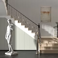 Elegant Staircase Area Interior With Classical Statue Striped Wall And Potted Plant 3d model