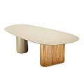 Modern Oval Dining Table With Beige Top And Wooden Metal Legs Design