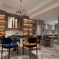Modern Living Dining Room Interior With Dark Sofa Blue Chair And Marble Floor