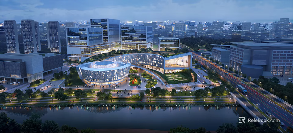 Innovative Aerial Urban Planning Design With Green Spaces Waterfront Roads And Modern Buildings 3d model 