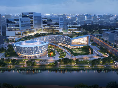 Innovative Aerial Urban Planning Design With Green Spaces Waterfront Roads And Modern Buildings 3d model