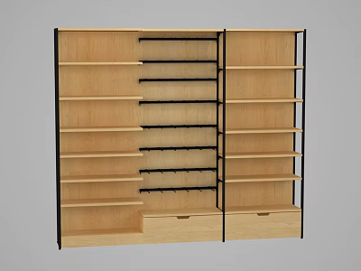 Wooden Storage Shelving Unit With Multiple Open Shelves And Drawer Compartments 3d model