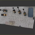 Toy Construction Vehicle Model Scene With Multiple Machinery And Small Shed On Paved Surface