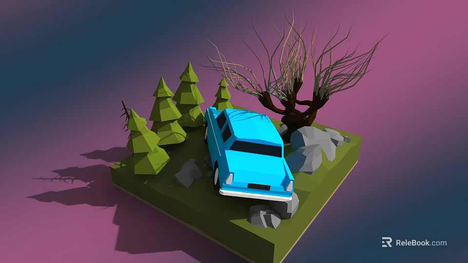 Low Poly Cartoon Scene Featuring Blue Car Green Cone Shaped Trees Leafless Tree and Rocks 3d model