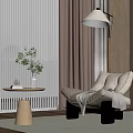 Cozy Modern Lounge Chair With Pendant Lamp Side Table Plant Vase And Window Blinds